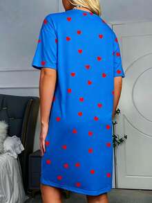 Women's "Sleep" Slogan Eyelash Pajamas - Comfortable Short Sleeve Round Neck T-Shirt Dress, With Heart Accents, All-Season Knit Sleepwear - Royal Blue - View 2