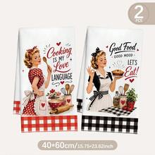 MEMNUN 2 Pcs Black Plaid American Retro 50s Housewife Cooking Slogan Printed Pattern Kitchen Towels, Dish Towels, Hand Towels, Dish Cloths, Home Decor, Kitchen Decor, Cooking Baking Hand Towels, Kitchen Accessories, Machine Washable, Cleaning Supplies, Suitable For Restaurant Kitchen, Home Decor And Gifts, All Season Use, 40*60cm/45*70cm, Super Soft Microfiber - Multicolor - View 2