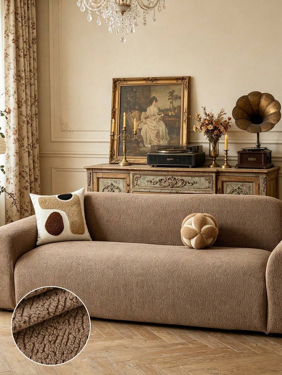 1pc Silver Grey Leaf Pattern Elastic Skirt Style Sofa Cover (Pillow Case Not Included) Skirt Style Design Sofa Home Protection Cover Style Dustproof Anti-Slip Thickened Sofa Cover Suitable For 1/2/3/4 Seater Sofa Sofa Home Decor - Coffee Brown - View 1
