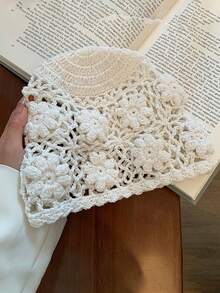 1 pieza Gorro de estilo vintage para mujer, hueco, transpirable, hecho a mano con patrón floral de ganchillo, versátil, que estiliza el rostro, para viajes y uso diario - flores - Ver 9