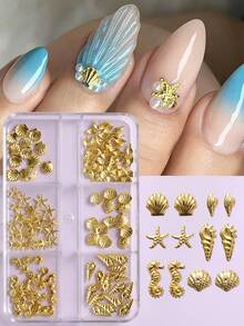 Gold Ocean Style Nail Art Accessories, 6-Grid Shell, Starfish, Conch, Seahorse Metal Decor, Marine Life Nail Art Charms, Fragrance-Free Nail Art Supplies, Nail Art Decorations, Nail Art Gems - Multicolor - View 6