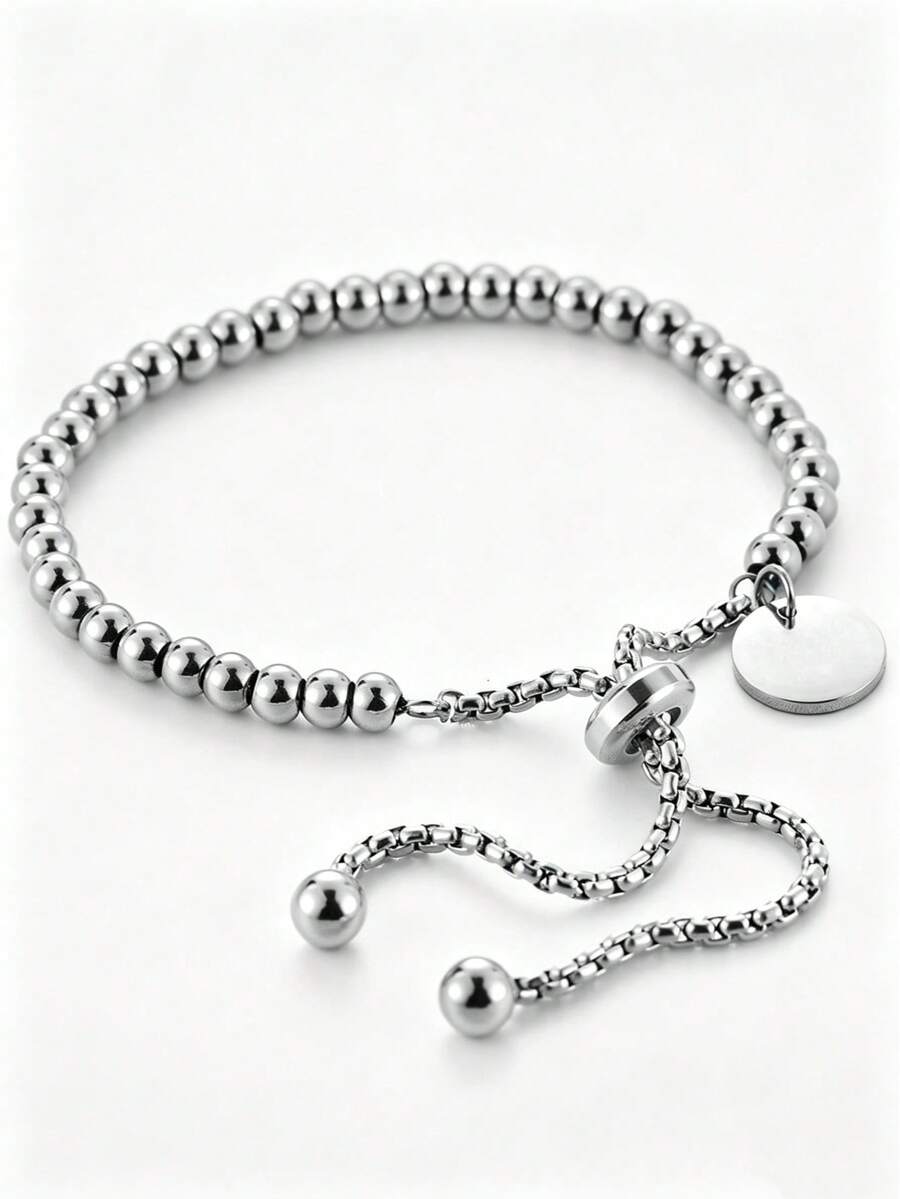 MECYLIFE 1pc Stainless Steel Beaded Bracelet For Women, Adjustable, Non-Fading, Personalized Polished Round Disc Jewelry - Silver - View 1