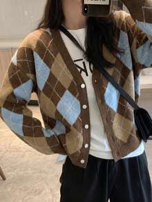 休閒V領復古菱格紋針織開襟衫 - 棕色 - 查看 4