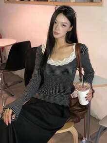 Women's New Gray Striped Long Sleeve Base Layer T-Shirt With Lace Patchwork Slim Fit Design Top - Dark Grey - View 2