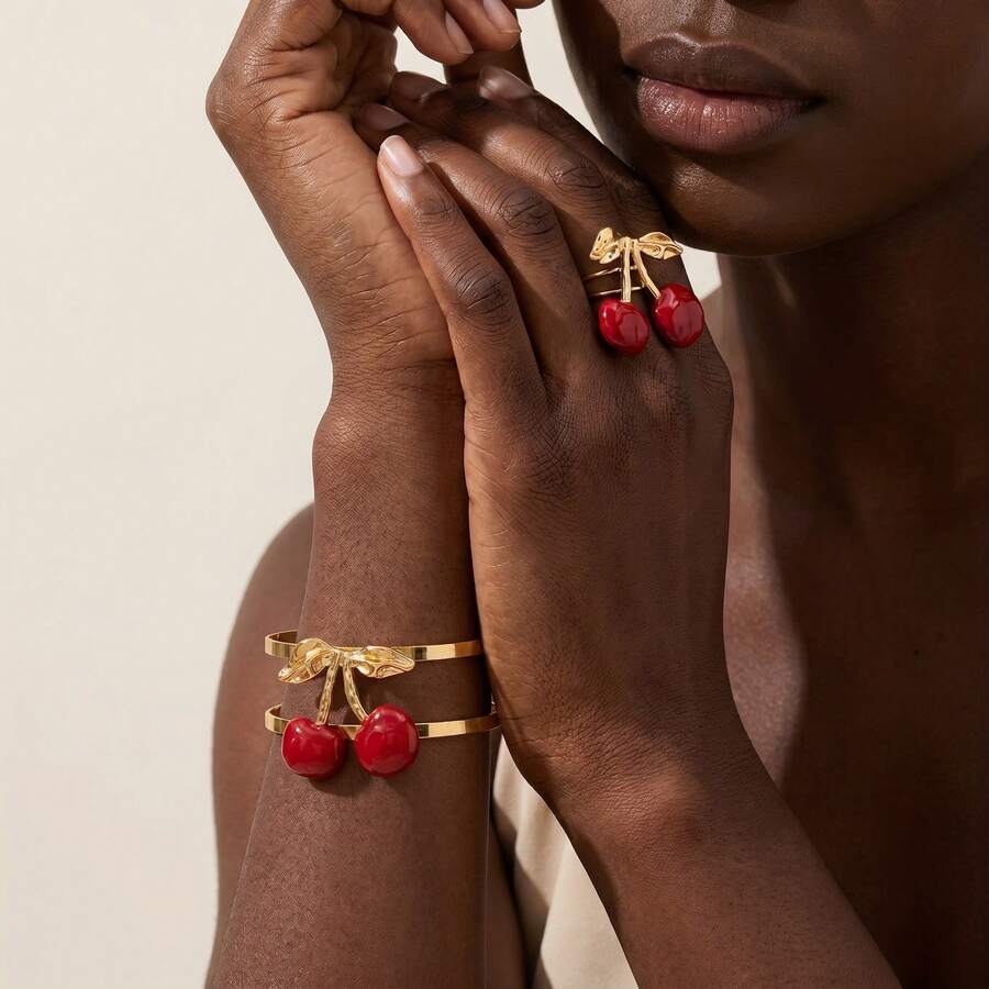 2 piezas/Set Diseño Geométrico Exagerado de Lujo Europeo & Americano Brazalete Abierto de Cereza & Anillo, Versátil para Fiestas - Multicolor - Ver 1