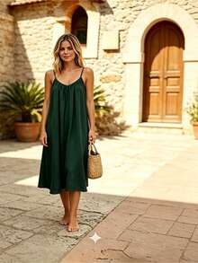 Perfect For Your Vacation! Midi Dress With Thin Straps, Open Back With Drawstring, Lightweight Fabric That Flatters Your Figure. - 墨綠色 - 查看 5