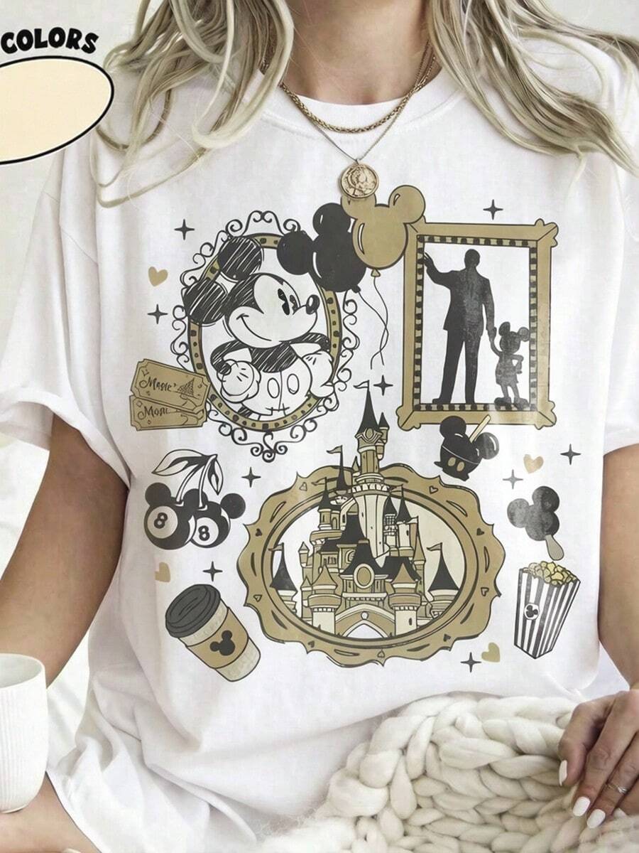 Oversize T-Shirt Disney Cartoon Retro Partner Photo Frame Printed T-Shirt 100% Cotton For Women, Suitable For Daily Outings Summer Casual Wear - White - View 1