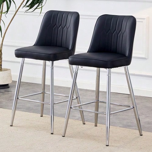 Set Of 2 Bar Stools / 100 Cm High. Stylish Bar Stools / Black PU Leather And Comfortable Footrest / Available In Several Colors / 120 Kg Load Capacity / For Restaurants, Bars And Living Rooms - 黑色+銀色 - 查看 1
