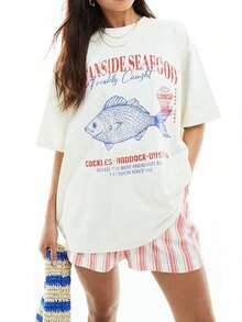 2026 Camisetas Gráficas Oversized Y2k para Mujer, Estampado de Peces/Flores/Frutas, Manga Corta, Cuello Redondo, Corte Holgado, Camiseta de Verano, Estética Vintage, Camisetas Holgadas, Ropa - Blanco - Ver 1