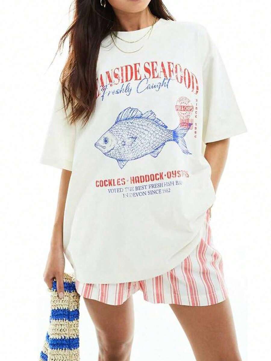 2026 Camisetas Gráficas Oversized Y2k para Mujer, Estampado de Peces/Flores/Frutas, Manga Corta, Cuello Redondo, Corte Holgado, Camiseta de Verano, Estética Vintage, Camisetas Holgadas, Ropa - Blanco - Ver 1