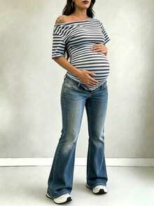 Parara Maternity Bodysuit, Asymmetric Neckline, Short Sleeve, High Stretch Fabric, Open Back Design Summer - Blue - View 7