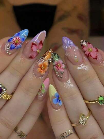 30pcs Short Almond Shape Acrylic Press-On Nails, 3D Shell Resin Inlaid Rhinestone, Venus Flytrap Wave Gradient French Style Fake Nails, Includes Jelly Glue And Nail File, Suitable For Party, Event, Daily Wear. Suitable For Women And Girls. Includes Nail Art Tools. Shapeable Nail Art Set