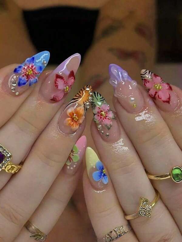 30pcs Short Almond Shape Acrylic Press-On Nails, 3D Shell Resin Inlaid Rhinestone, Venus Flytrap Wave Gradient French Style Fake Nails, Includes Jelly Glue And Nail File, Suitable For Party, Event, Daily Wear. Suitable For Women And Girls. Includes Nail Art Tools. Shapeable Nail Art Set