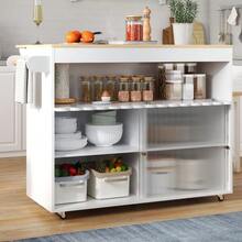 Folding Kitchen Island Trolley, Oak Veneer Worktop, Tempered Glass Sliding Doors, Adjustable Shelves, Towel Rack, Large Kitchen Island Trolley - White - View 4