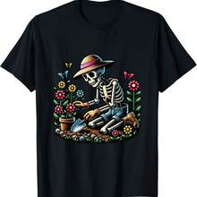 Funny Colorful Skeleton Gardener With Flowers Butterflies T-Shirt - 黑色 - 查看 8