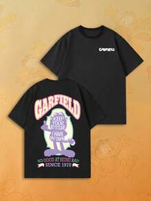 SHEIN | Garfield 女款黑色雙面T恤，淡紫色卡通貓態度標語復古印花，寬鬆短袖，適合街頭旅遊日常女孩休閒穿搭 - 黑色 - 查看 2