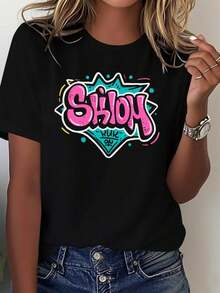 Camiseta Casual para Mujer "Easy Hobby Life Pure Label" Camiseta Básica de Algodón con Cuello Redondo para Mujer - Negro - Ver 1