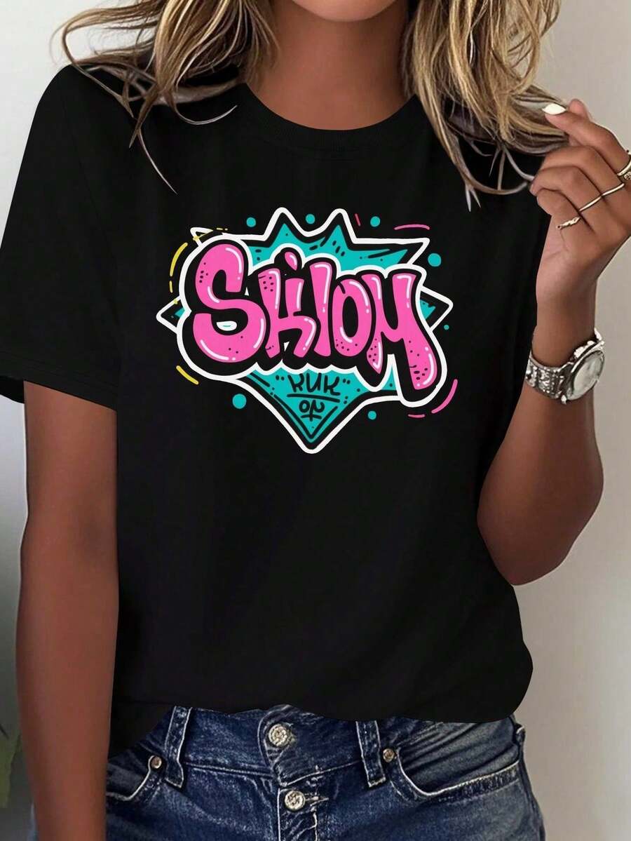 Camiseta Casual para Mujer "Easy Hobby Life Pure Label" Camiseta Básica de Algodón con Cuello Redondo para Mujer - Negro - Ver 1