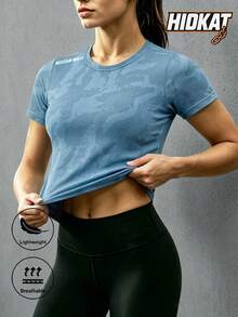 Hidkat 女款夏季圓領休閒運動短袖T恤，迷彩點綴，透氣舒適，肩部反光印花，適合休閒、運動、健身、戶外活動 - 藍色 - 查看 1