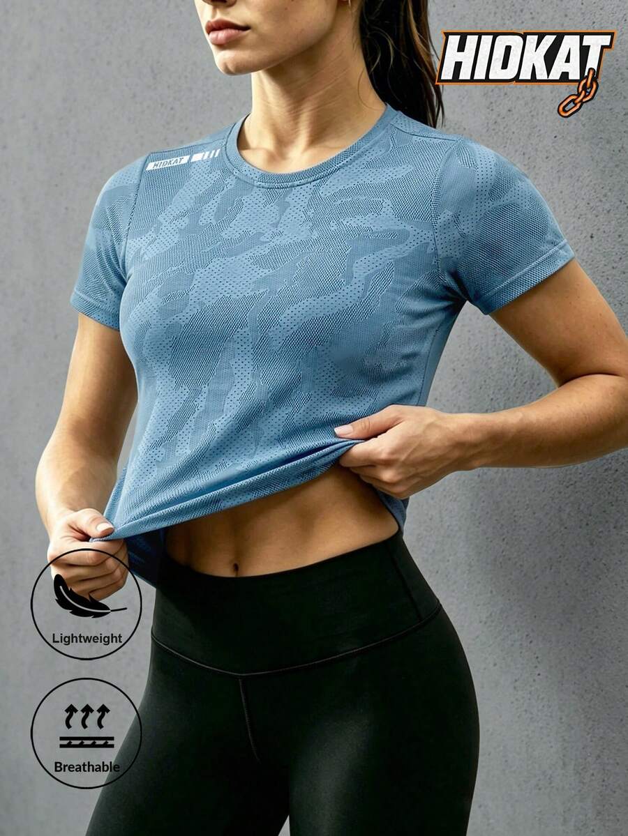 Hidkat 女款夏季圓領休閒運動短袖T恤,迷彩點綴,透氣舒適,肩部反光印花,適合休閒、運動、健身、戶外活動 - 藍色 - 查看 1
