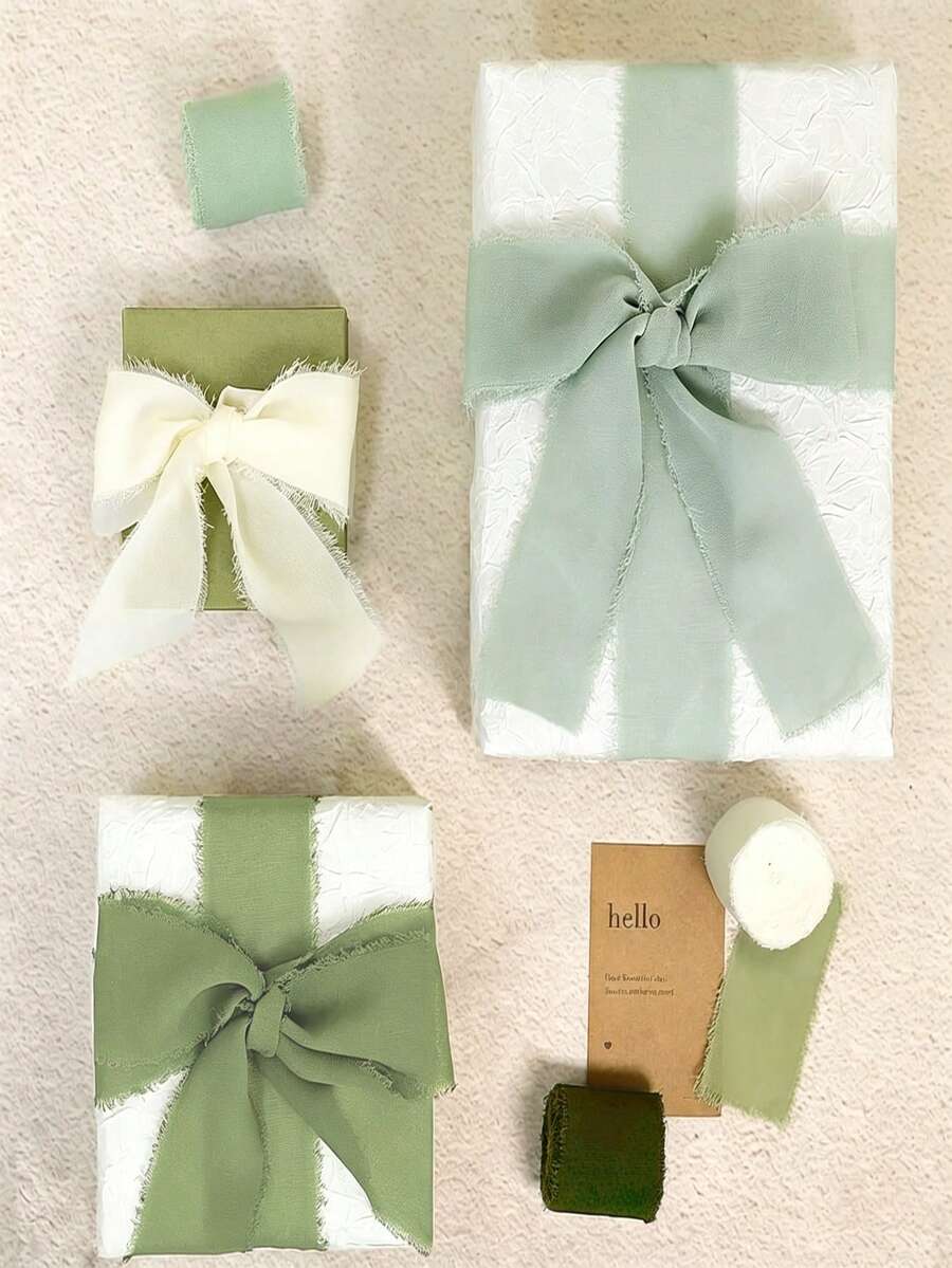 3 Rolls Sage Green Handmade Chiffon Silk Tassel Ribbon 1.5" X 16.4' Frayed Edge Ribbon, Suitable For Wedding Decor, Wedding Gift Wrapping, Invitations, Bridal Bouquet, Gift Wrapping Crafts, Holiday Decor, Party Supplies - Light Green Combination - View 1