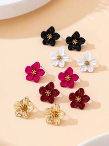 5 Pairs Delicate Small Dopamine Color Vacation Style Flower Shaped Stud Earrings For Teens, Suitable For Daily Wear/Vacation Travel/Birthday Gift For Friends - Multicolor - View 2