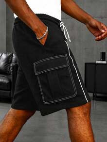 HEYKESON Men's Black Cargo Shorts With Contrast Stitching, Multiple Pockets, Drawstring Waist, Casual Street Style - Black - View 2