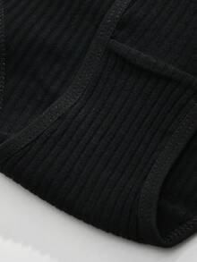 1 pieza Bragas de algodón acanalado de cintura media para mujer, bragas triangulares con empalme de encaje floral, ropa interior básica de uso diario - Negro - Ver 5