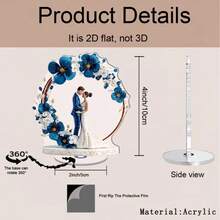 1pc 2D Flat Rotating Acrylic Wedding Couple Decor - 2D Flat Rotating Base With Blue & White Floral Arch, Sparkling Center Decoration, Suitable For Outdoor Tabletop Decor, Wedding/Anniversary Gift - A - View 9