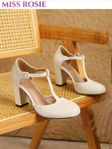 [MISS ROSIE]Women's Elegant Fashion High Heel Mary Jane Shoes T-Strap Round Toe Low Vamp Chunky Heel Comfortable Soft Non-Tiring Pink Beige Black Shoes Spring Summer New Style Bridal Shoes Summer Promotion Hot-Selling Vacation Business Etiquette Back To School Sports Mary Jane Island Wedding Shoes Commute Shoes Y2K Millennium Style Internet Celebrity Style Petite Height-Increasing French Vintage Ultra High Heel - Apricot - View 7
