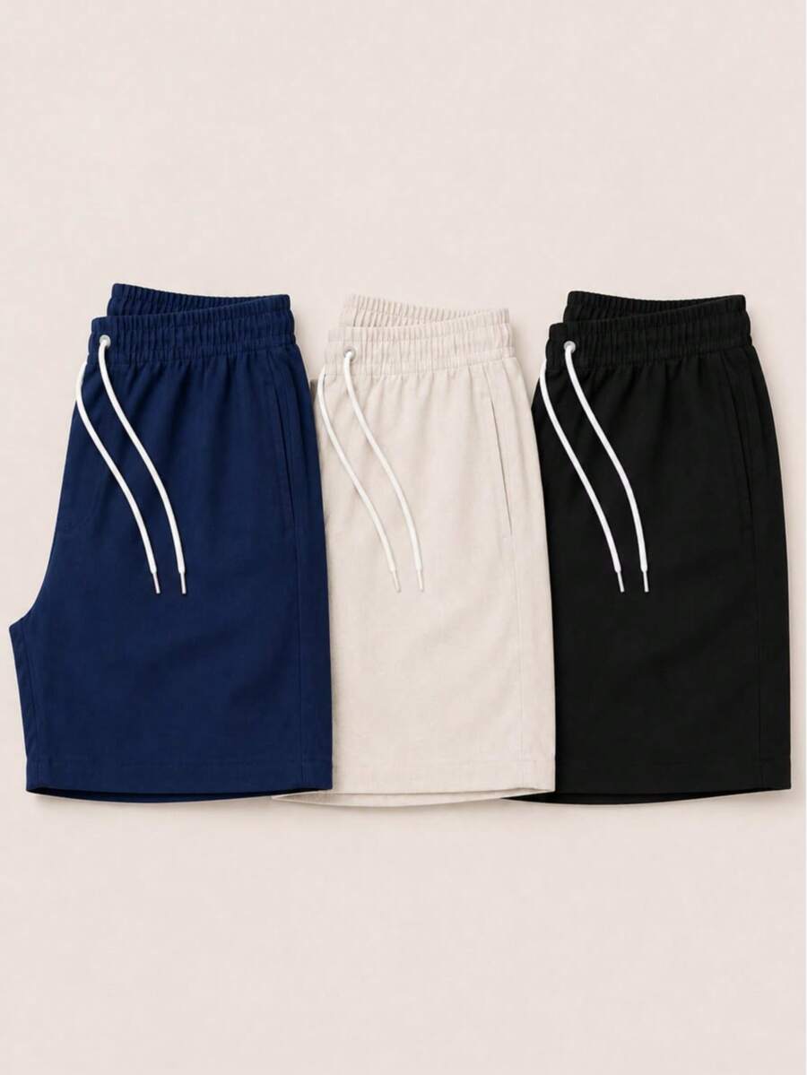 Kit 3 Premium Linen Shorts Bermuda Mauricinho Men's Casual Basic Comfortable Drawstring Waist - 藏蓝色 - 查看 1