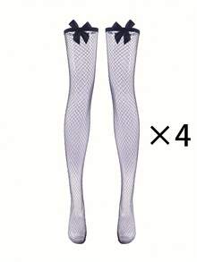 1 Pair Women's Sexy Bow Fishnet Stockings, Suitable For Skirt Pairing - Black - View 5