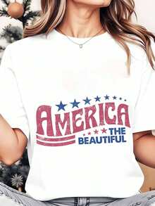 Camiseta de cuello redondo para mujer con estampado gráfico de "America The Beautiful" y diseño de banderas y estrellas, ropa casual para la celebración del Día de la Independencia, 4 de jul - Blanco - Ver 1