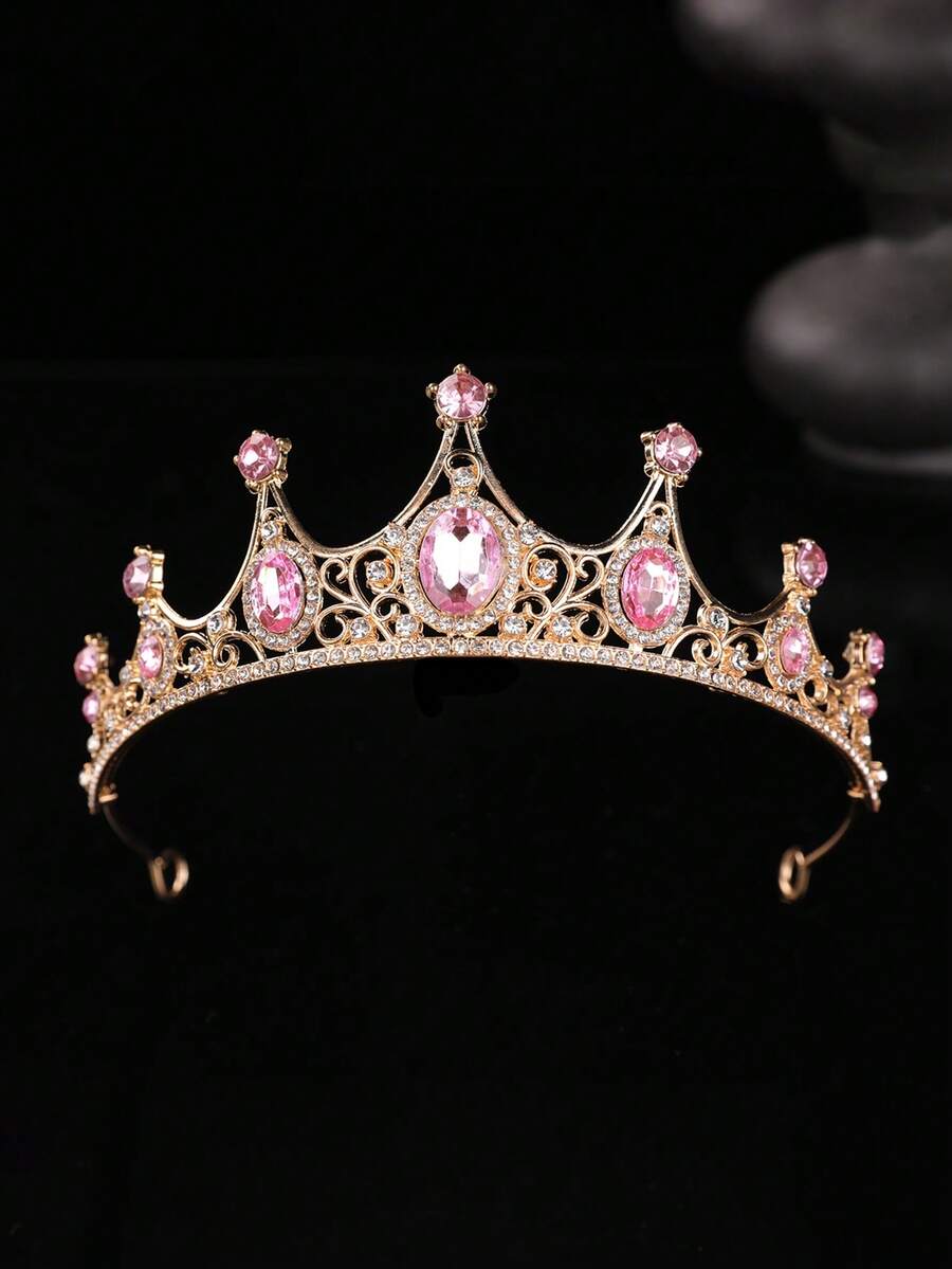 1pc European American Bride Fashion Exquisite Alloy Crown, Suitable For Women's Wedding Party Hair Accessory, Princess Birthday Party Gift, Performance Costume Accessory, Crown For Makeup Ball - Pink - View 1