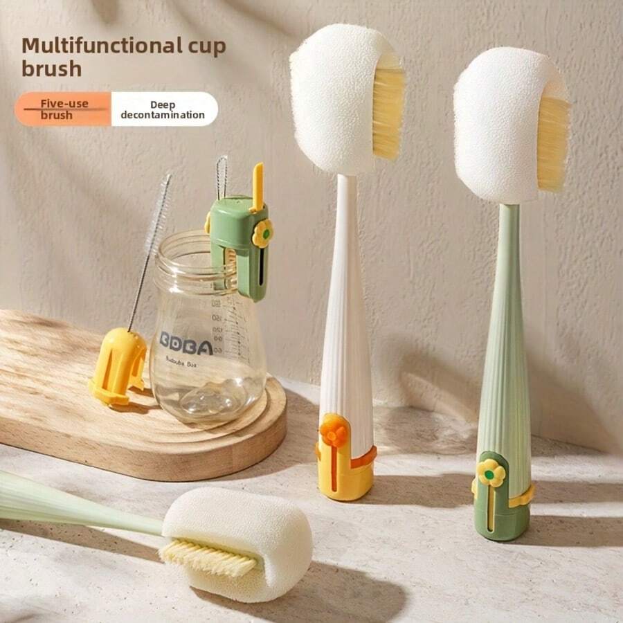 Set Sikat Cangkir Gagang Panjang 5-in-1 - Alat Pembersih Multifungsi, Cocok untuk Botol/Tutup dengan Kepala Sikat Spons dan Bulu Kaku, Sikat Pembersih Piring Dalam yang Dapat Dilepas