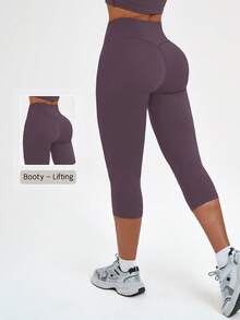 NcmRyu Women's 1pc Solid Color High Waist Tummy Control Butt Lifting Slim Fit Sports Mid-Length Shorts - Purple - View 10