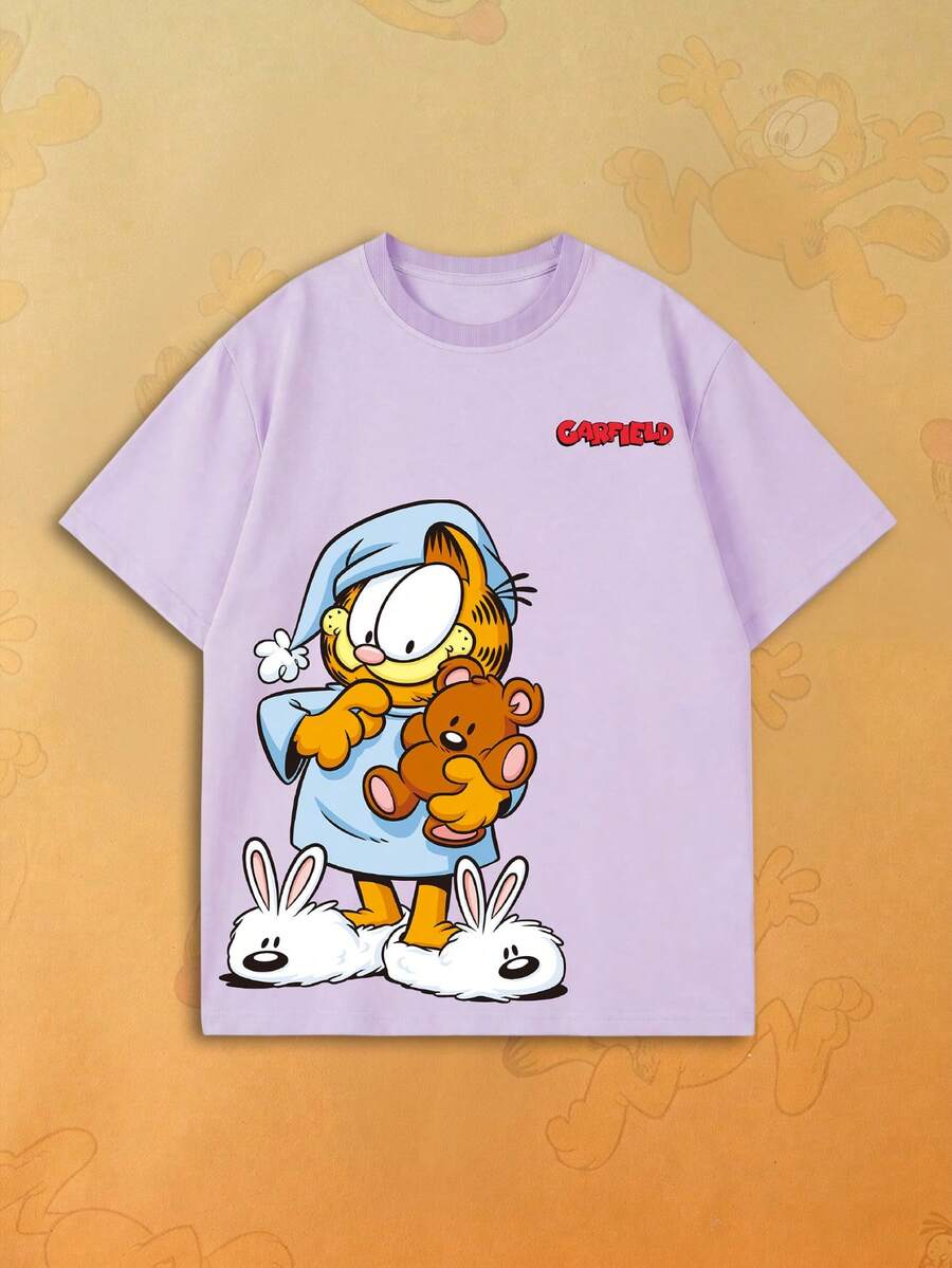 SHEIN | Garfield Women's Light Purple Double Sided Tee, Front Small Red Logo Bottom Sleepwear Holding Teddy Rabbit Slippers Print Loose Short Sleeve - Mauve Purple - View 1