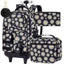 3pcs/Set Girls Daisy Print Pom Pom Pendant Durable Oxford Cloth Rolling Luggage Bag With Adjustable Shoulder Strap Zipper Closure Sweet Student Backpack Set, Suitable For School And Travel - Single Pull Rod, Three Front Pockets, Daisy - View 12