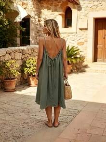 Perfect For Your Vacation! Midi Dress With Thin Straps, Open Back With Drawstring, Lightweight Fabric That Flatters Your Figure. - 橄欖綠 - 查看 2