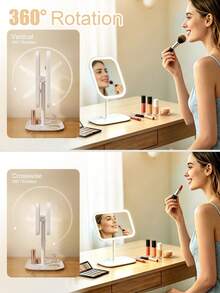 LED Makeup Mirror With Tray, Square Desktop Vanity Mirror With Light, USB Rechargeable, Adjustable Brightness, 3 Color Temperature Modes, Suitable For Dorm, Apartment, Travel, Bathroom, Best Gift For Back To School, Halloween, Christmas - Multicolor - View 3