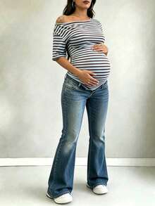 Parara Maternity Bodysuit, Asymmetric Neckline, Short Sleeve, High Stretch Fabric, Open Back Design Summer - Blue - View 8