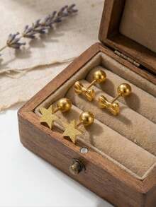 2 Paar/Set Kinder Minimalistisch Süß Niedlich Exquisit Sandgestrahlt Stern und Schleife Gold Ohrstecker, Ideales Geschenk für Mädchen, Kinder, Familie, Freunde, Klassenkameraden, Schwestern, Töchter, Geeignet für Straße, Urlaub, Party, Date, Feiertag, Geburtstag, Jahrestag, Täglicher Gebrauch Schmuckzubehör - Gold - Übersicht 3