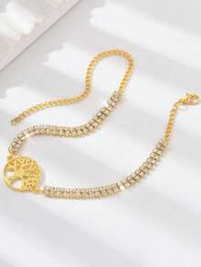 1pc Summer Minimalist Beach Style Tree Of Life Anklet With Full Rhinestones And Personalized Round Pendant, Suitable For Women's Daily Wear And Vacation - Gold - View 4