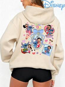 Disney Lilo & Stitch Y2K Graphic Print Hoodie Oversized Hooded Sweatshirt, Casual Drop Shoulder Streetwear Top For Women - 杏色 - 查看 1