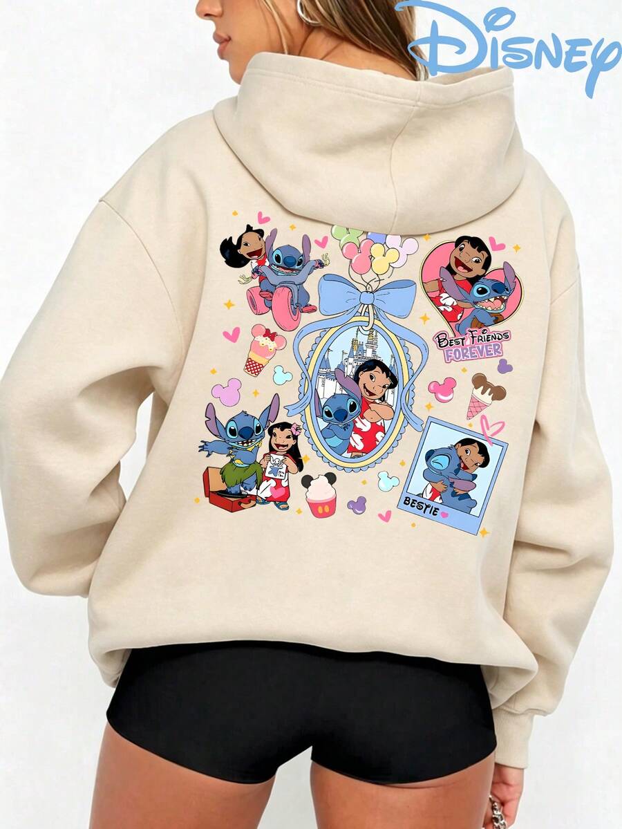 Disney Lilo & Stitch Y2K Graphic Print Hoodie Oversized Hooded Sweatshirt, Casual Drop Shoulder Streetwear Top For Women - 杏色 - 查看 1
