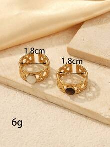 2pcs Stainless Steel Vintage Hollow Woven Open Adjustable Rings, Inlaid With Brown Tiger Eye And White Natural Stone, 18K Gold Plated Wide Band Rings For Women Daily Accessories - Yellow Gold - View 4