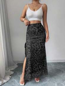 xuehuamaoyi02  Falda A-Line con abertura alta, cintura elástica y estampado de leopardo elegante de malla para mujer - Caqui - Ver 7