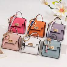Mini Handbag Shape Leather Keychain Pouch With Silk Scarf, Twist Lock Zipper Earphone Coin Storage Cute Bag Charm For Girls - Multicolor - View 2