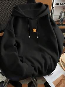 Men's Smiling Face Print Long Sleeve Drawstring Hoodie, Back To School, Autumn - Black - View 1