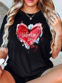 Soft Wo Valentine's Day Heart Print T-Shirt - Casual Black Short Sleeve T-Shirt With "Happy Valentine's Day" Print, Red And White Design, Perfect For Gifts - 黑色 - 查看 1